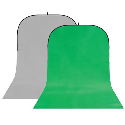 2-in-1 opvouwbare achtergrond (150 x 200) met sleep van 2 meter die onder het model door kan lopen. Tweezijdig: de ene kant is grijs, de andere chroma-groen.