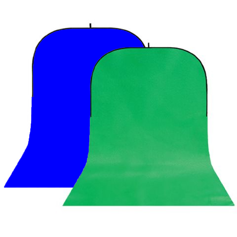 2-in-1 opvouwbare achtergrond (150 x 200) met sleep van 2 meter die onder het model door kan lopen. Tweezijdig: de ene kant is chroma-blauw, de andere chroma-groen.