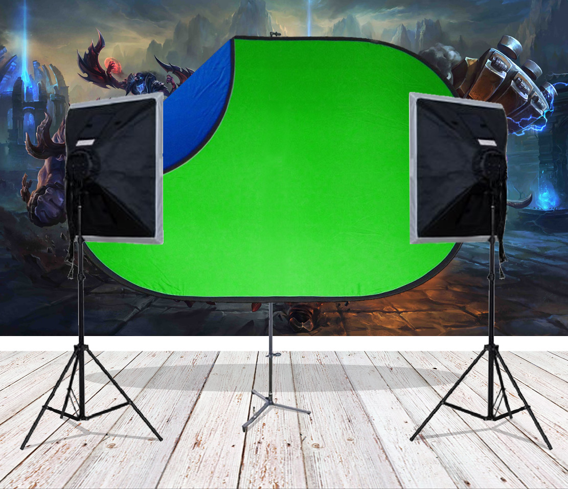 Twee softboxen met elk 40W (200W lichtopbrengst), statieven, standaard en greenscreen (150x200). Speciaal samengesteld voor gamers/Youtubers.