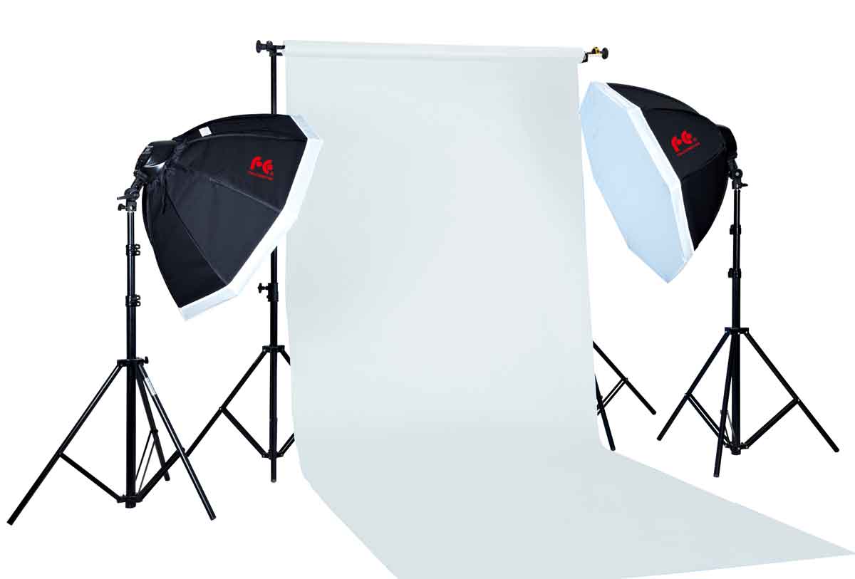 Video/productfotografie set met 2 grote daglichtlampen en achtergrondsysteem