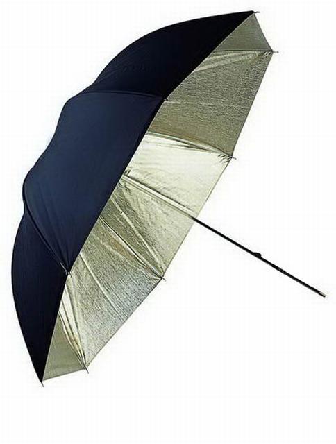 Licht-goudkleurige reflectieparaplu. Minder sterke warme tint dan de gouden paraplu's. Diameter (onderlangs gemeten) ø100cm.