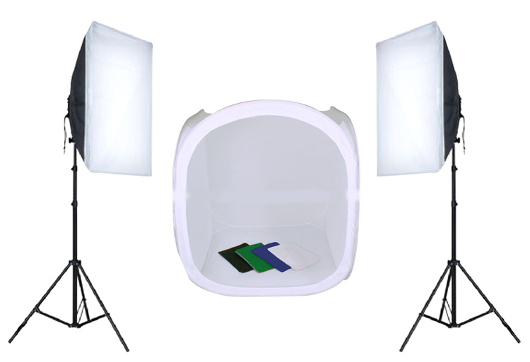 Met lichttent 90x90 cm, twee statieven (max 250 cm hoog) en twee daglichtlampen met softbox, met elk 4x40W (gelijk aan 4x200W output)