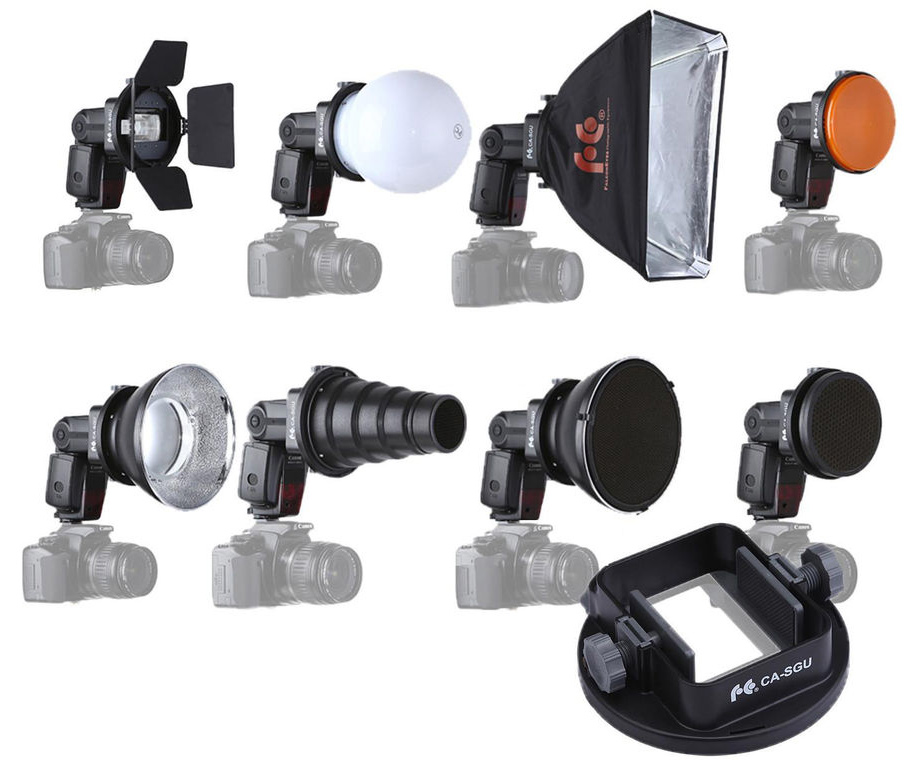 Set met universele houder en 8 lichtvormers voor je cameraflitser, waaronder een softbox, grid, reflector, snoot, etc.