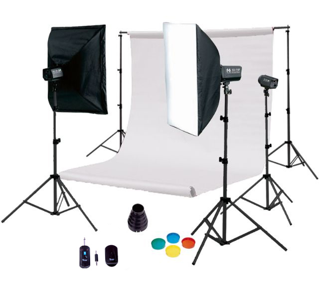 Complete thuisstudio met drie flitsers, twee softboxen, achtergrondset met twee doeken, statieven, triggerset en vele accessoires!