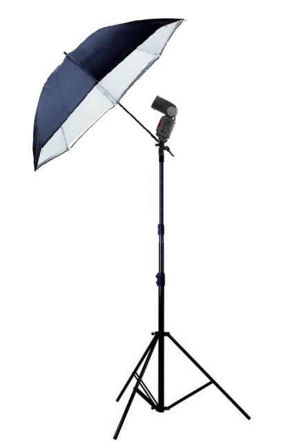 Doe méér met je cameraflitser! Upgrade-set compleet met statief (205cm), neigkop en witte paraplu (ø70cm)