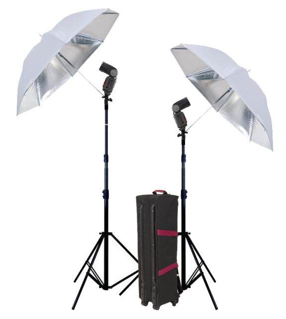 Doe méér met je cameraflitser! Upgrade-set bestaande uit 2 strobist kits met statief, witte paraplu en tas