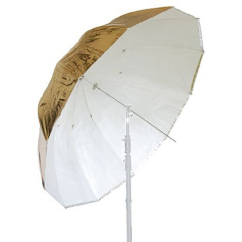 Grote paraplu voor flits- en continulicht. Diameter (onderlangs gemeten) 170 cm. Met diffuus witte, gouden en zilveren hoes.