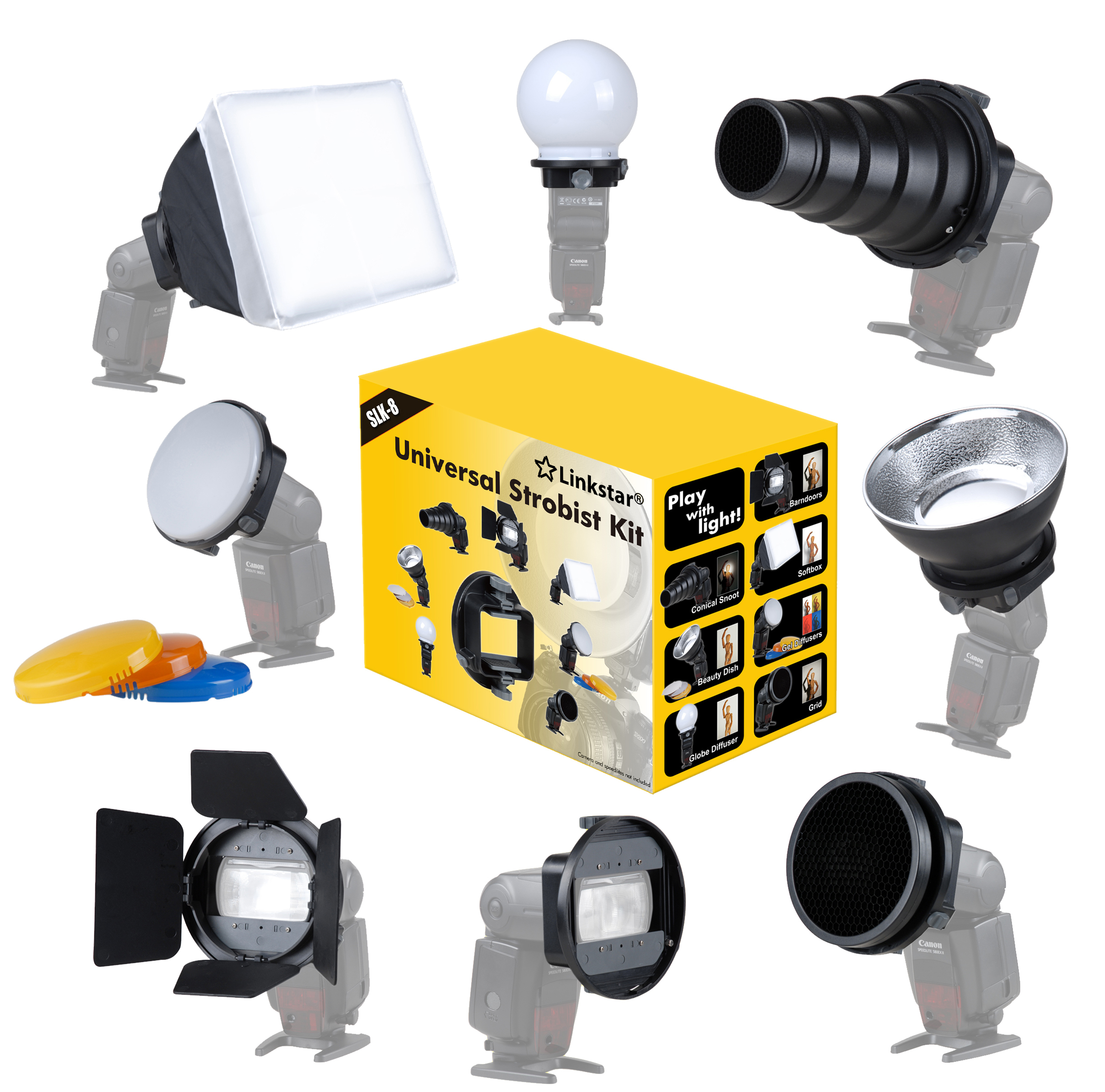 Universele adapter voor alle cameraflitsers, met 8 lichtvormers